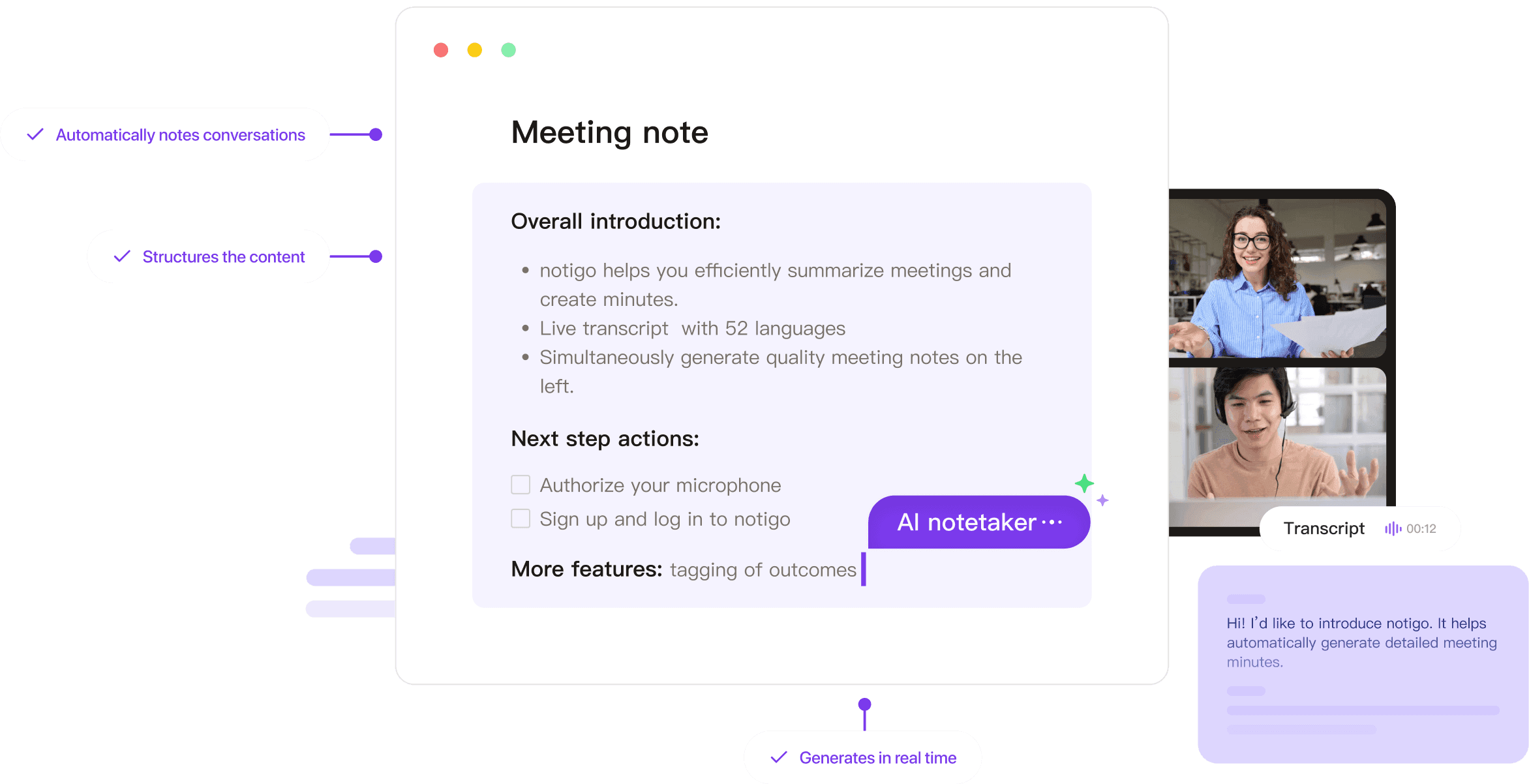 Real-time AI meeting summary generated by Notigo