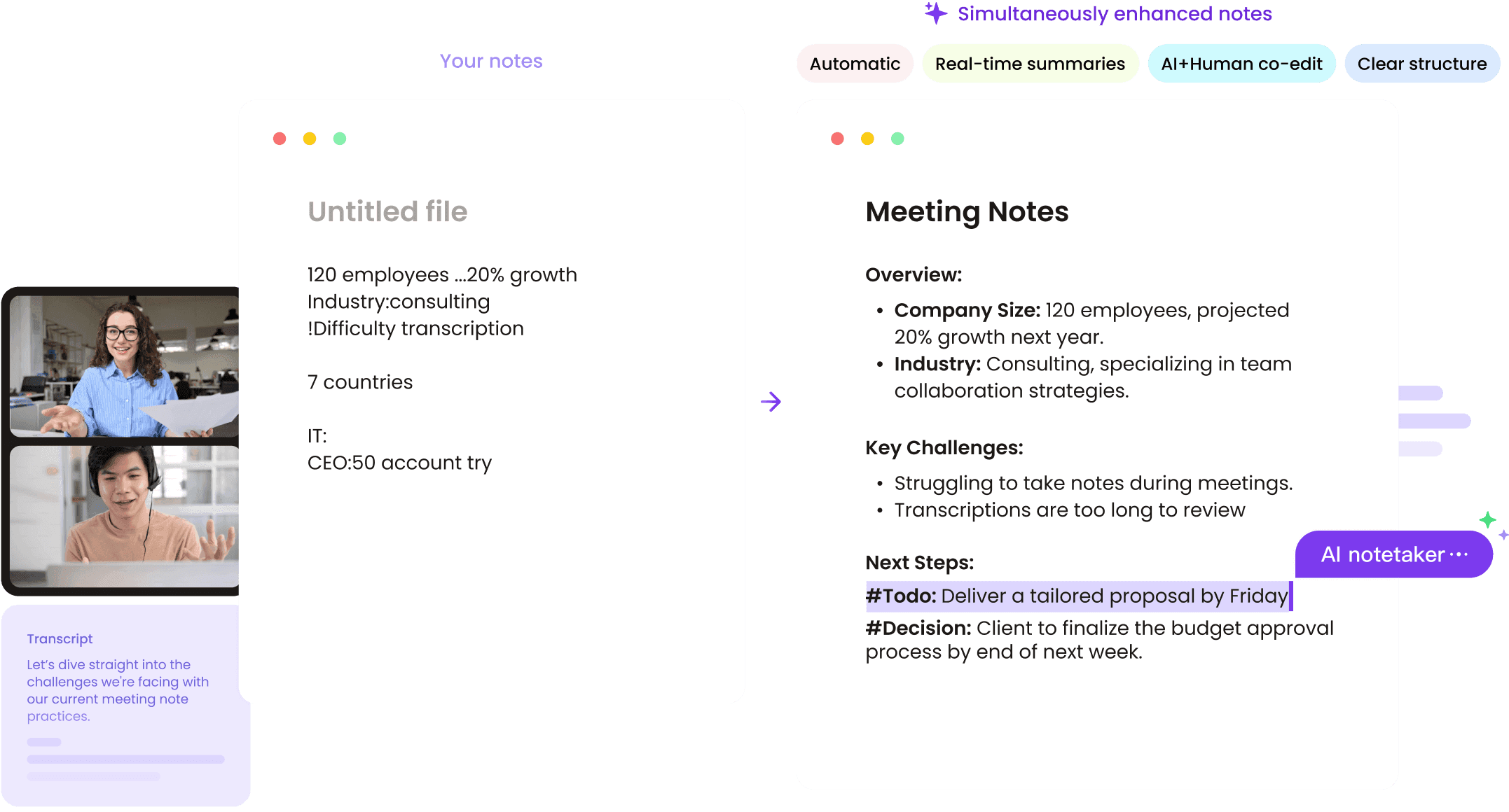 Real-time AI meeting summary generated by Notigo