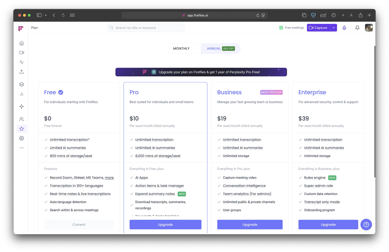 Fireflies pricing plans