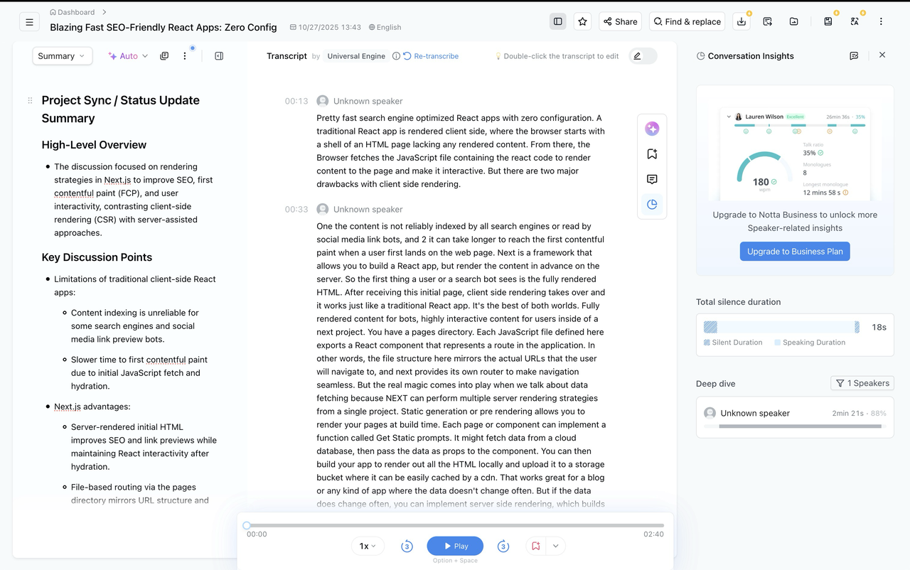 Notta.ai treating lecture as business meeting