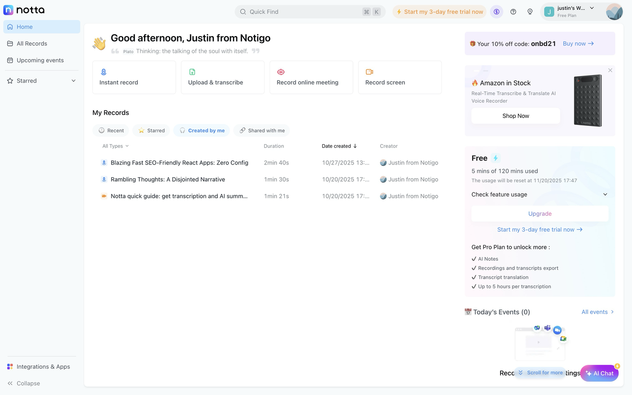 Notta.ai dashboard showing confusing navigation