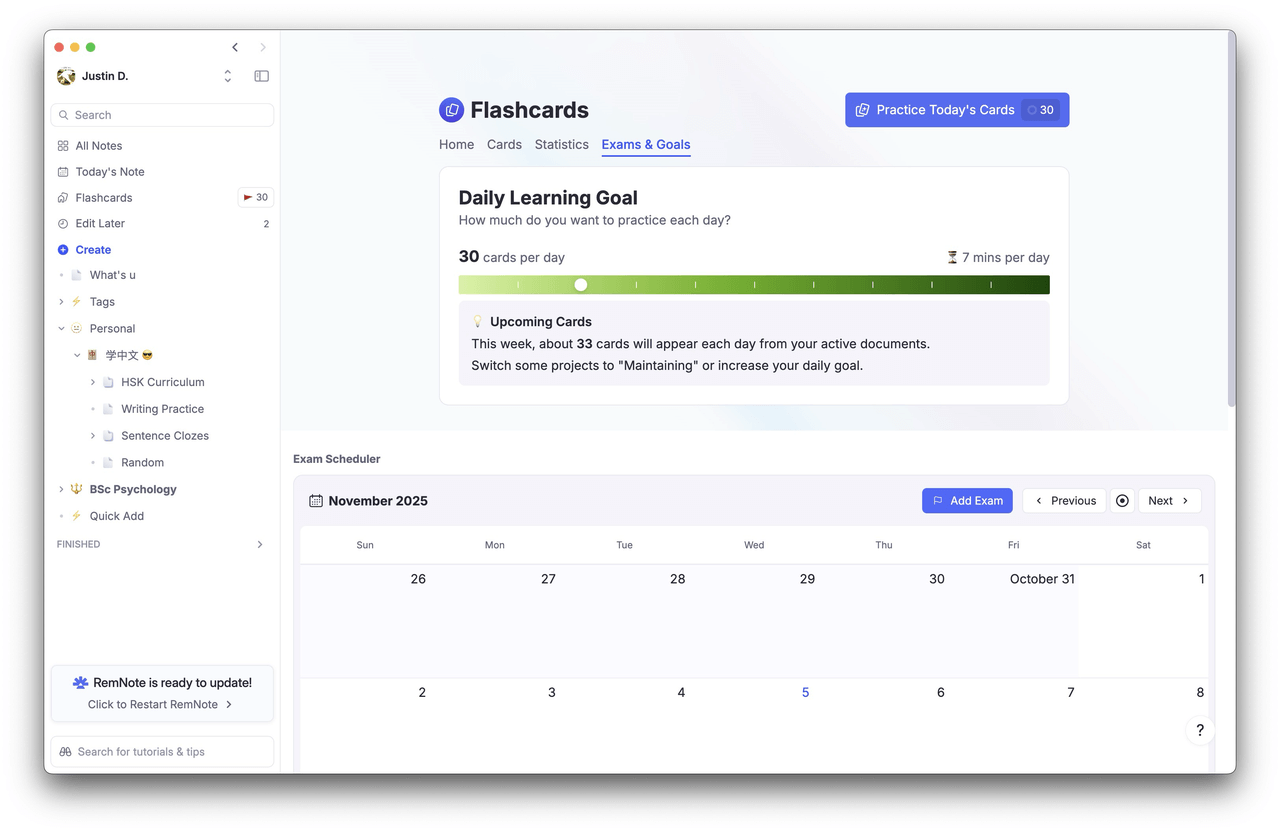 RemNote exam scheduler feature