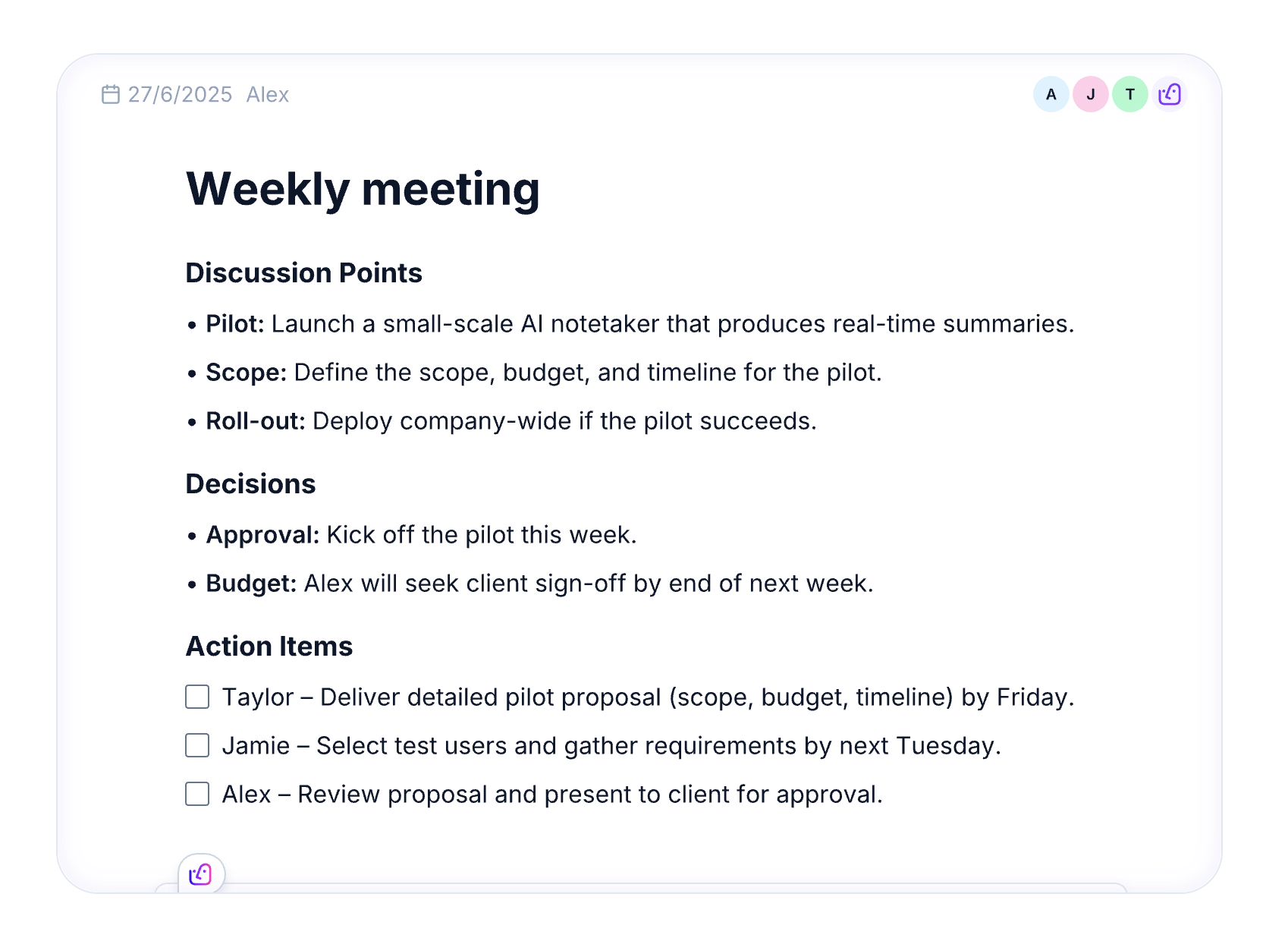Professional team collaboration using AI meeting tools for streamlined note-taking and digital
transformation