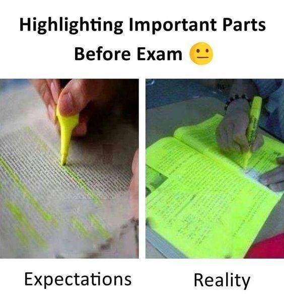 Student studying late at night surrounded by highlighted notes and
textbooks