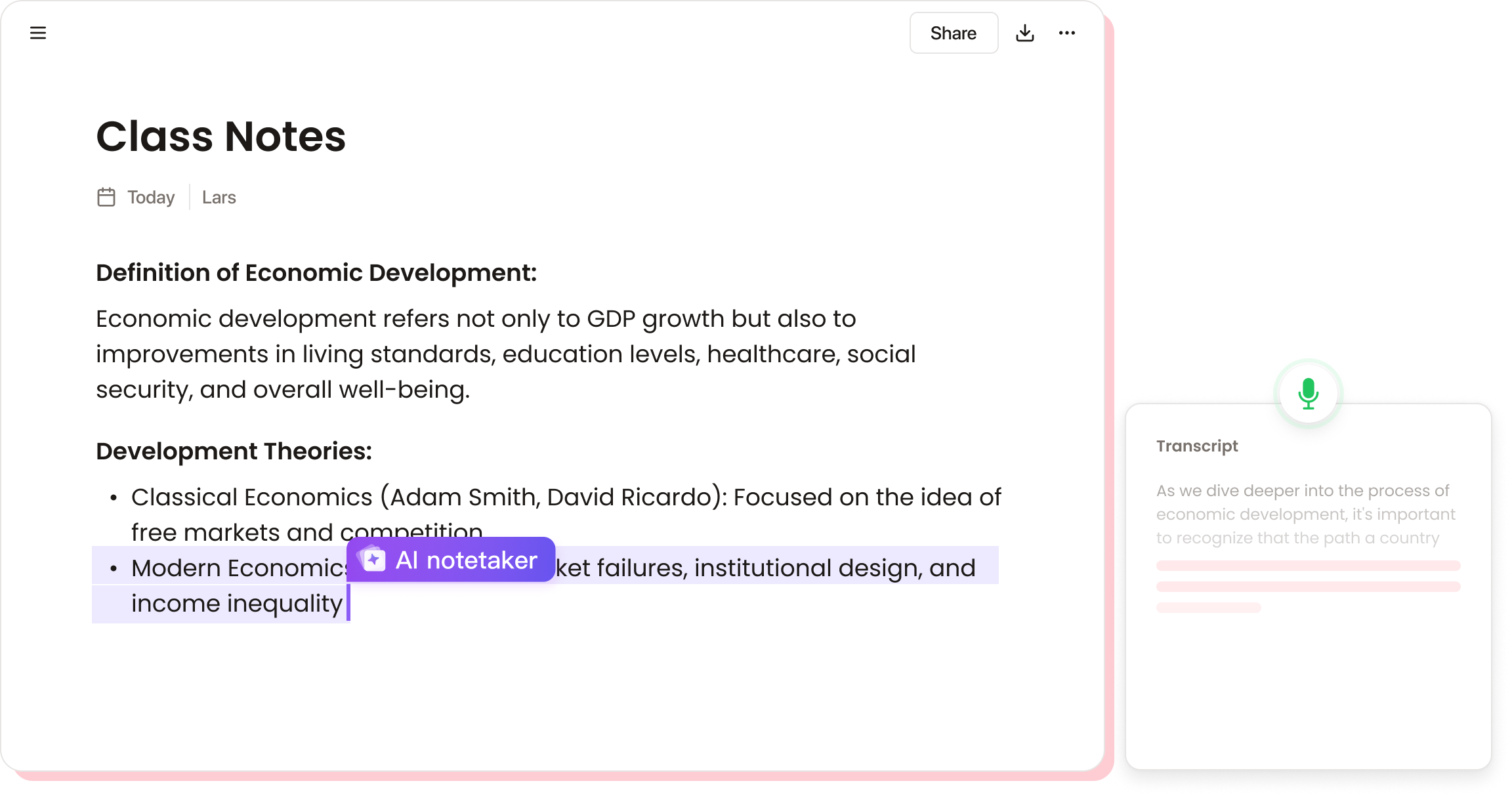 Notigo AI meeting assistant interface showing real-time transcription and note organization
features
