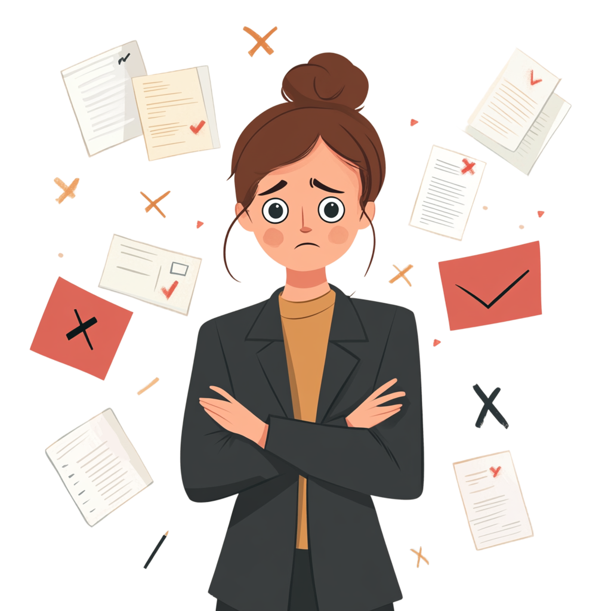 Professional woman surrounded by documents with errors and X marks representing AI inaccuracies in legal notes