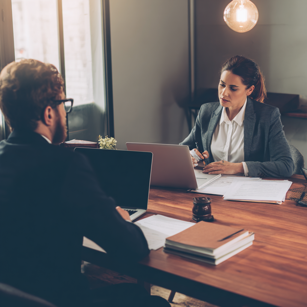 Professional lawyer meeting with client for consultation and documentation