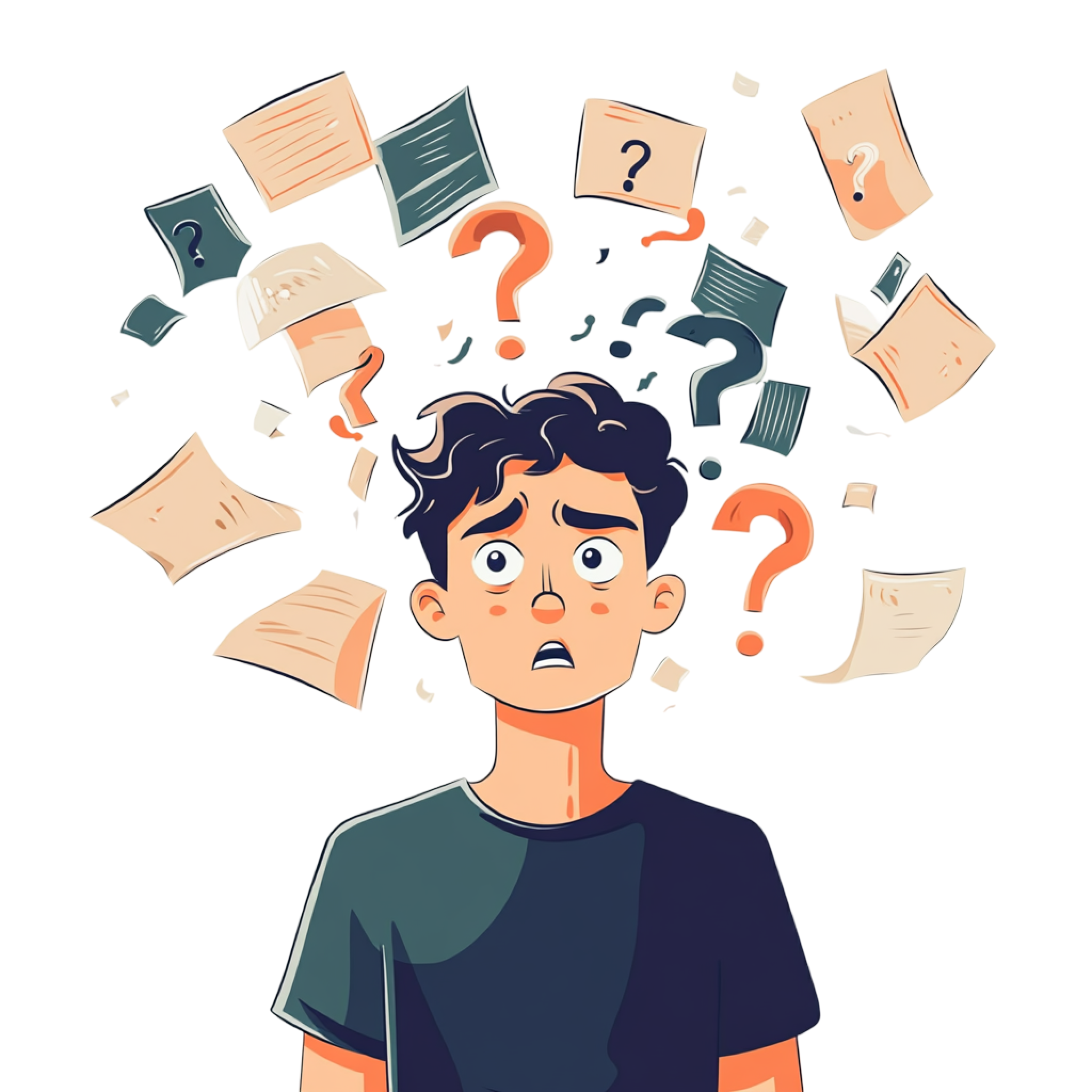 Confused person with papers and question marks representing information overload in legal meetings