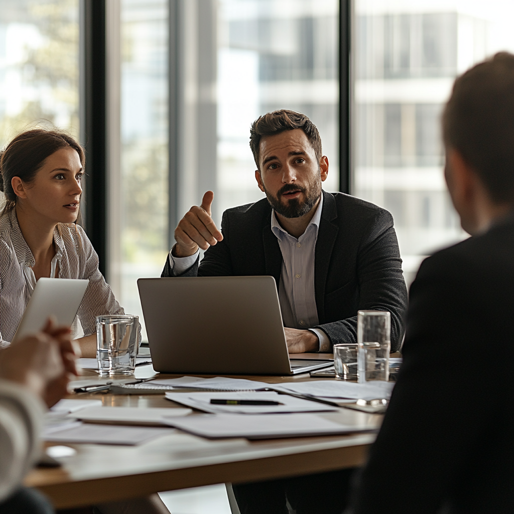 Professional internal firm meeting with lawyers discussing case strategy and AI note taking