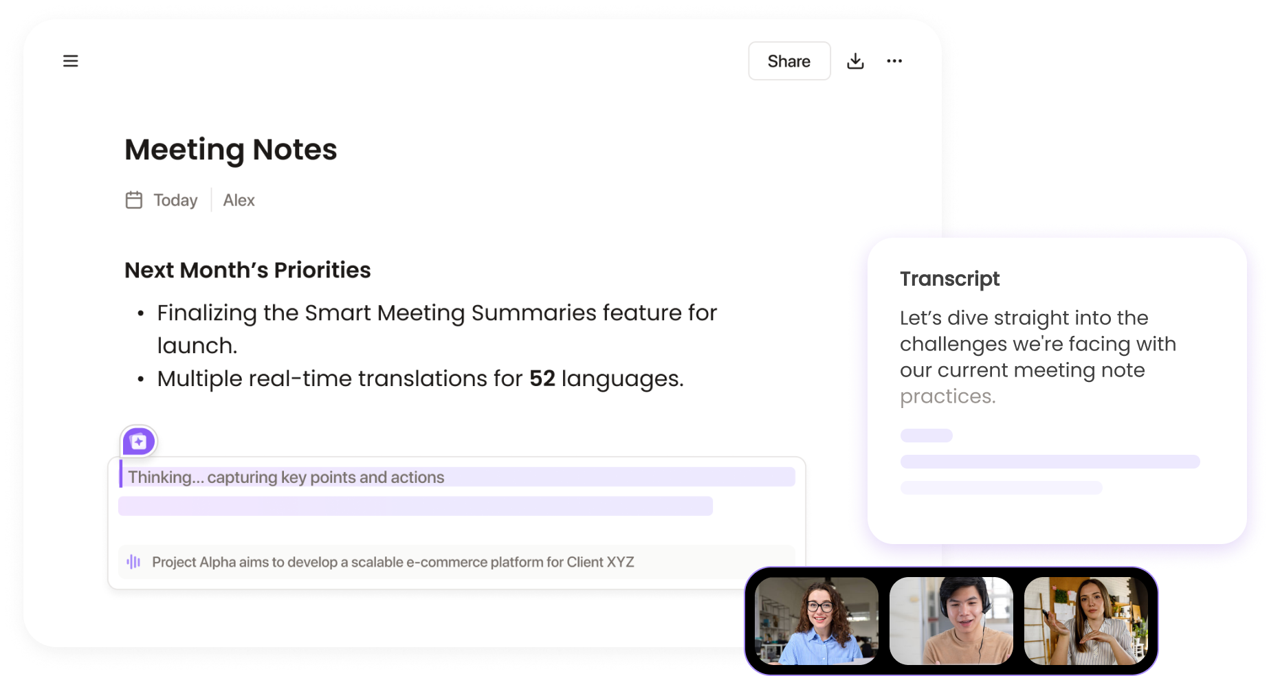 Notigo AI meeting notes interface showing real-time transcription and smart meeting summaries for lawyers