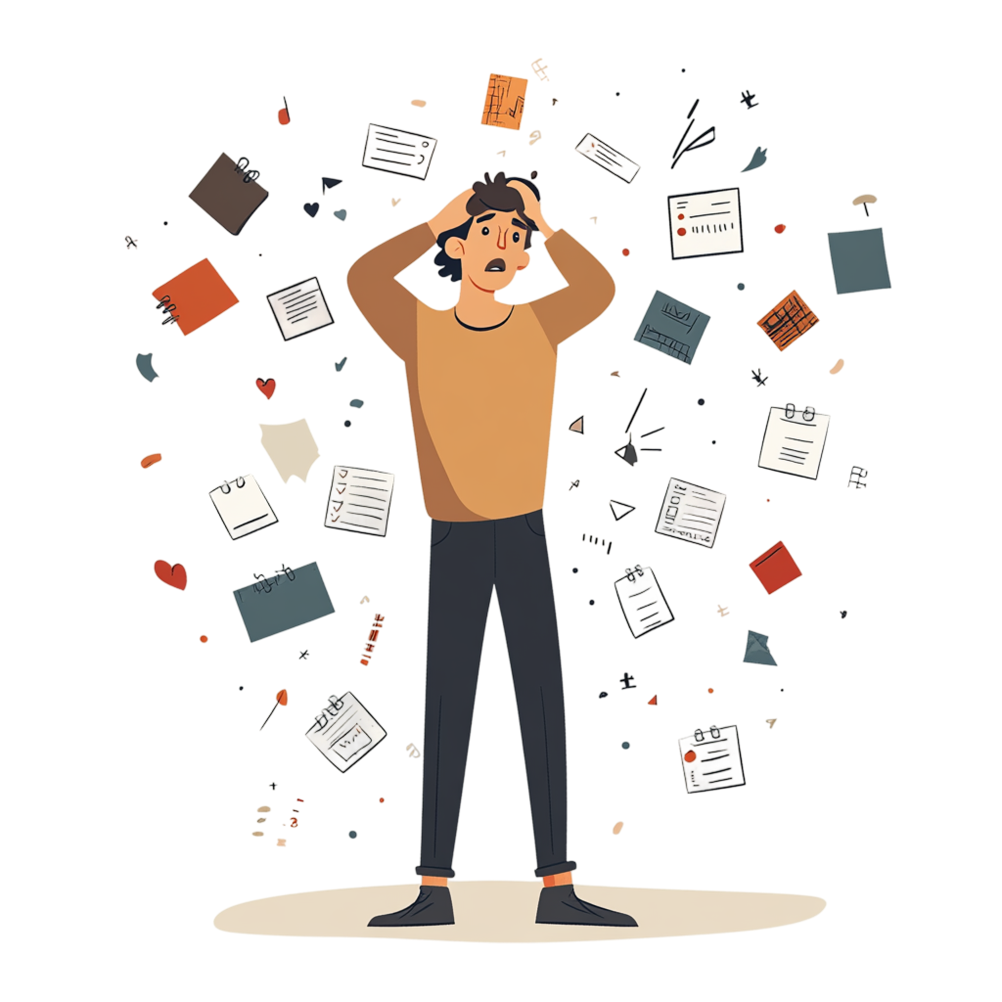 Overwhelmed person surrounded by chaotic paperwork representing transcript cleanup burden for lawyers